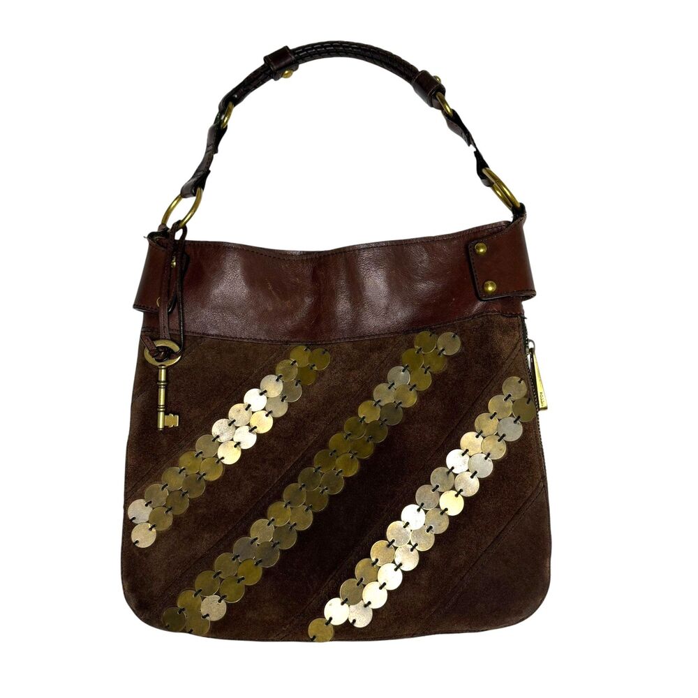 Fossil Fifty Four 54 Whitney Hobo Bag Purse Embellished Suede Key Charm Brown